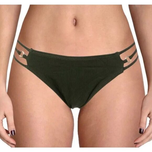 New California Waves Jr's Large Green Moss Ribbed Strappy Hipster Bikini Bottoms - Picture 1 of 9